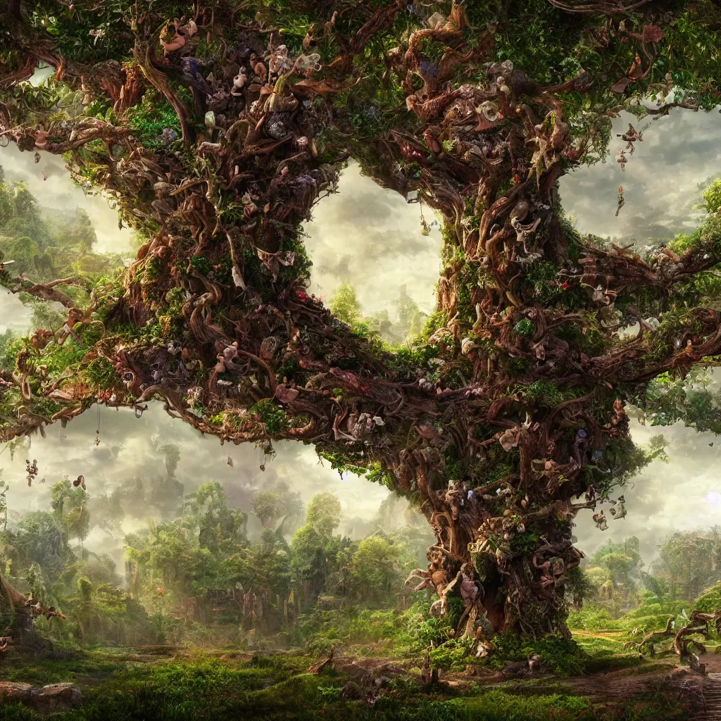 Image similar to fantasy tree of life in garden of eden, hd, hdr, cinematic 4k wallpaper, 8k, ultra detailed, high resolution, artstation