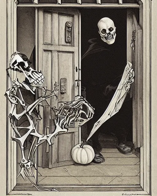 Prompt: A painting of Martin Luther nailing a paper skeleton Halloween decoration to the door of a suburban home, in the styles of Ferdinand Pauwels, Greg Rutkowski, Alphonse Mucha, and Tim Burton, intricate, hyperrealistic, accurate facial details, volumetric lighting