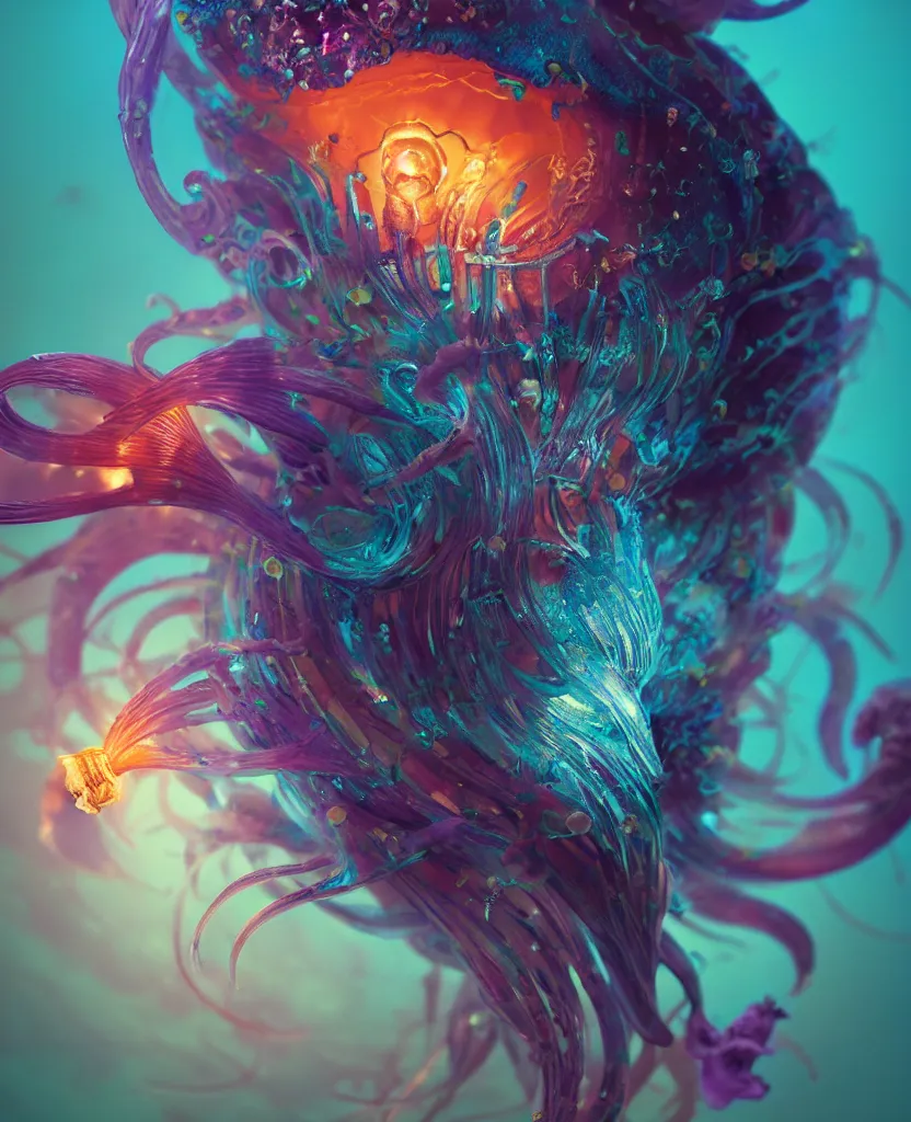 Image similar to goddess close-up portrait ribcagel. jellyfish phoenix head, nautilus, orchid, skull, betta fish, bioluminiscent creatures, intricate artwork by Tooth Wu and wlop and beeple. octane render, trending on artstation, greg rutkowski very coherent symmetrical artwork. cinematic, hyper realism, high detail, octane render, 8k