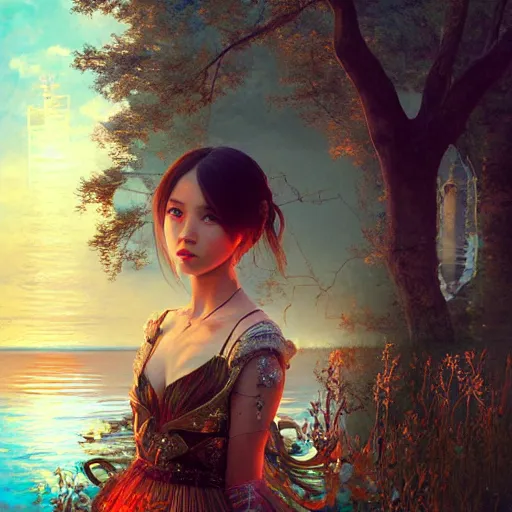 Image similar to painting, nicolas cage as a beautiful young girl in intricate clothing by ross tran, walking in a castle, lake painted by sana takeda, rtx reflections, very high intricate details, digital anime art, medium shot, mid - shot, composition by ilya kuvshinov, lighting by greg rutkowski