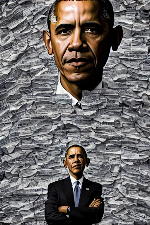 Image similar to obama standing next to a mountain made of papers, oil on canvas, intricate, portrait, 8 k highly professionally detailed, hdr, cgsociety