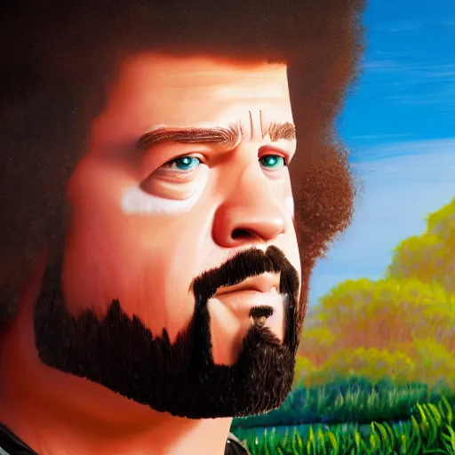 Image similar to a closeup photorealistic photograph of bob ross detailing a canvas painting of kenny powers. film still. brightly lit scene. this 4 k hd image is trending on artstation, featured on behance, well - rendered, extra crisp, features intricate detail, epic composition and the style of unreal engine.