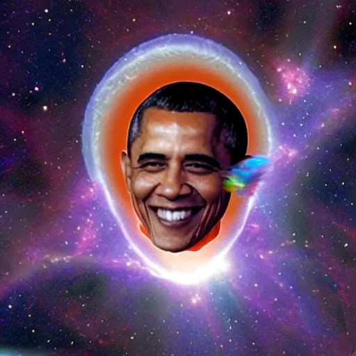 Prompt: a prism with Barack Obama’s face on it floating through space, image from the Hubble Space Telescope