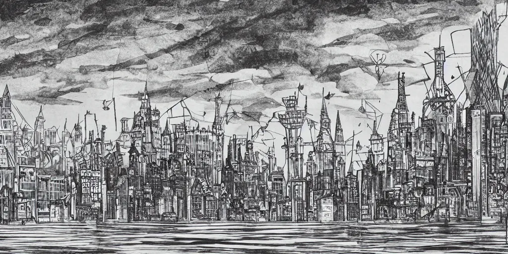 Image similar to pen and ink illustration, city held up on giant platform, buildings on top of tall structure, over the ocean, tall arches, fading off to the horizon, steam punk, artstation