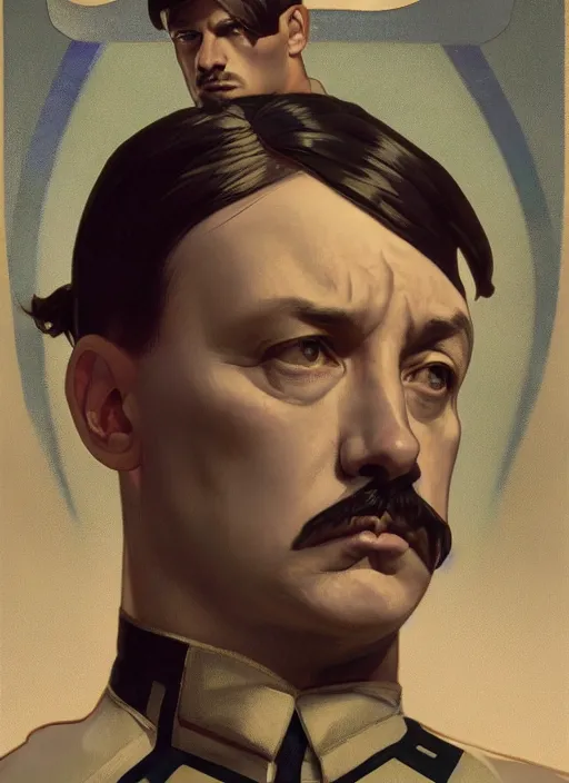 Image similar to Hitler in luxuruous active nike shirt, sigma male, NIKE logo, NIKE checkmark, accurately portrayed, portrait art by alphonse mucha and greg rutkowski, highly detailed, digital painting, concept art, illustration, dim lighting with twilight rays of sunlight, trending on artstation, very detailed, smooth, sharp focus, octane render, close up