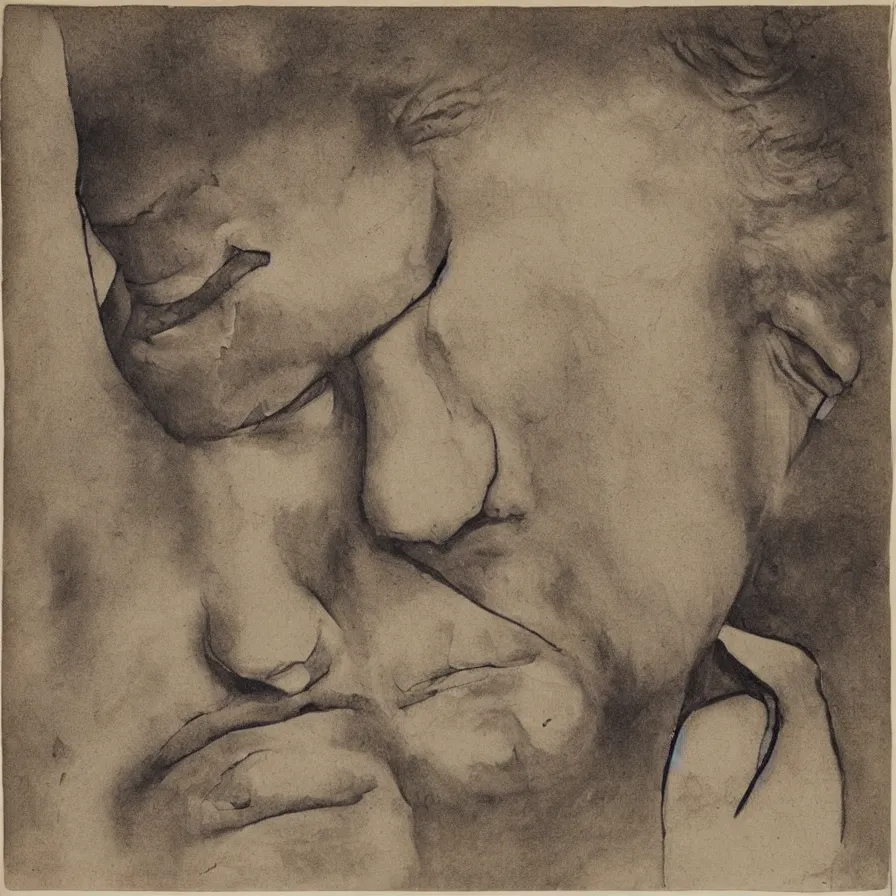 Image similar to original cover artwork for a song, illustrating a man with his face leaned heavily against the wall.