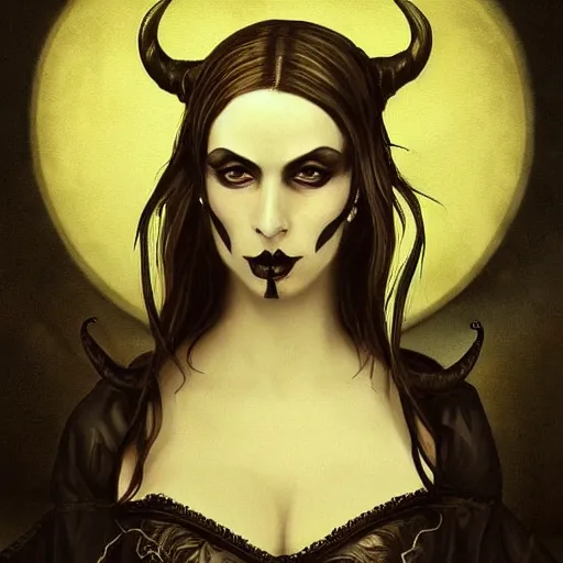 Image similar to gorgeous gothic portrait of a demon woman, intricate detail and composition, highly symmetric