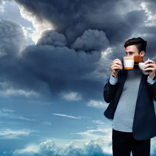 Prompt: ultra realist render of a bomb explosion cloud background, daily clothed man drinking his coffee, partial symmetry accurate features, very intricate details, focus, award winning