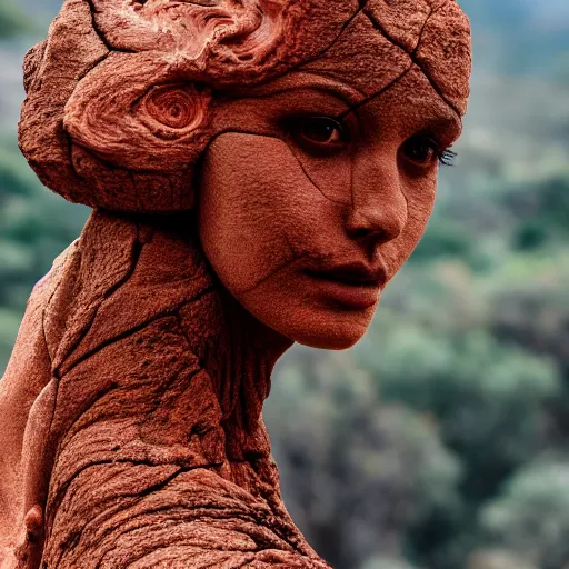 Image similar to beautiful stone woman, lava flowing, exotic trees, bare bark, dark eyes, low angle mist, high octane, frostbite, 8 k, cinematic, 3 5 mm,