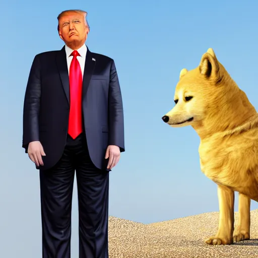 Image similar to Donald Trump with doge body, realistic artstyle, wide shot, dramatic lighting, octane render, hyperrealistic, high quality, highly detailed, HD, beautiful, cinematic, 8k, unreal engine, facial accuracy, symmetrical