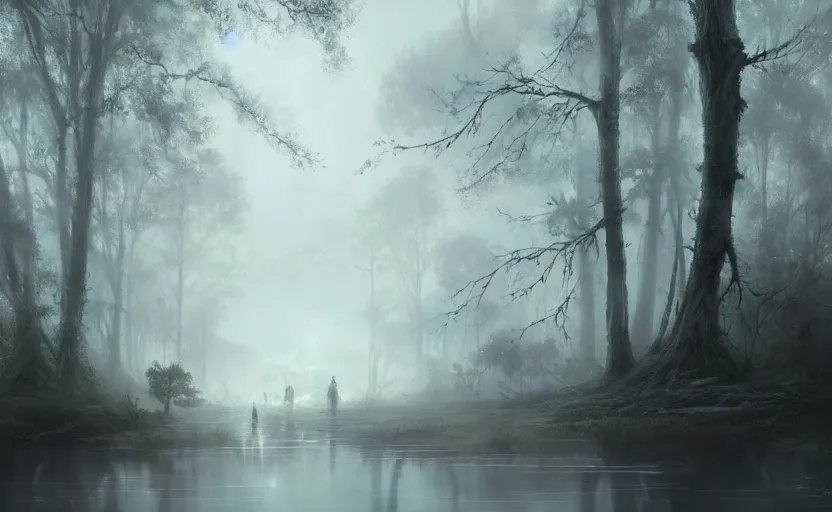 Prompt: an eerie gray swamp, foggy, slimy trees, murky water, distant lights in the fog, fantasy digital painting, stunning intricate details, artwork by ross tran and greg rutkowski