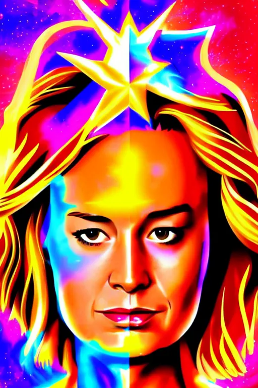 Image similar to Brie Larson as Captain Marvel high quality digital painting in the style of Lisa Frank