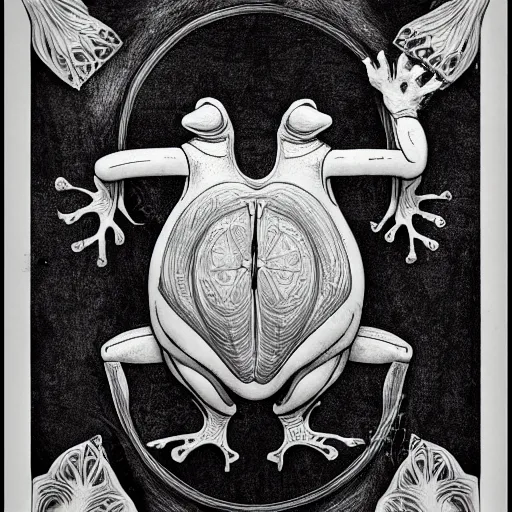 Image similar to full page antique lithograph of Anathomy of godotr, intelligent humanoid frog-like creature, White background, art print, clean brush stroke, realistic highly detailed, 8k post-processing highly detailed, rendered by octane engine, esty