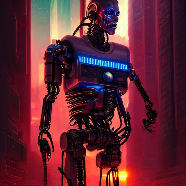 Image similar to Beautiful portrait 3d render of the cyberpunk terminator illuminati robot, centered face, portrait, atmospheric lighting, painted, intricate, volumetric lighting, beautiful, rich deep colours masterpiece, sharp focus, ultra detailed, in the style of Dan Mumford and marc simonetti, with a crowded futuristic cyberpunk city in the background, astrophotgraphy