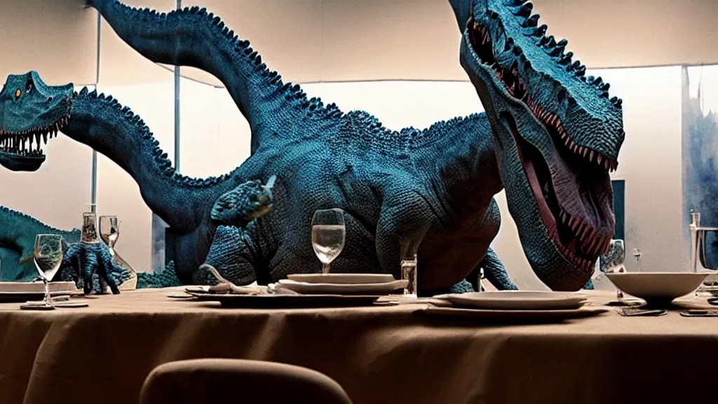 Image similar to the strange dinosaur sits at a table, made of wax and water, film still from the movie directed by Denis Villeneuve with art direction by Salvador Dalí, long lens, shallow depth of field