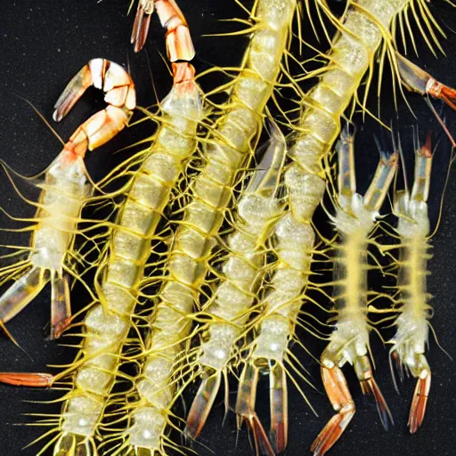 Prompt: a group of different types of shrimp on a black background, a microscopic photo by earnst haeckel, shutterstock contest winner, synchromism, bioluminescence, made of insects, made of feathers