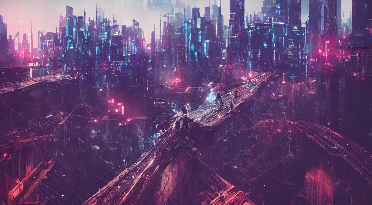 Prompt: a man standing on top of a bridge over a city, cyberpunk art by Vincent Lefevre, behance contest winner, artstation, altermodern, cityscape, synthwave, matte painting, octane render, unreal engine