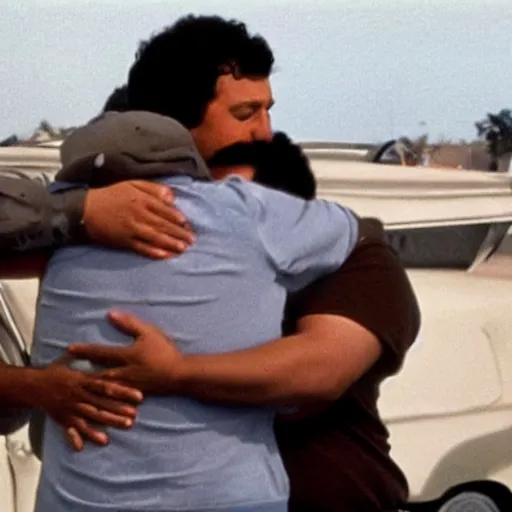 Prompt: photo Pablo Escobar hugging mark zuckerberg