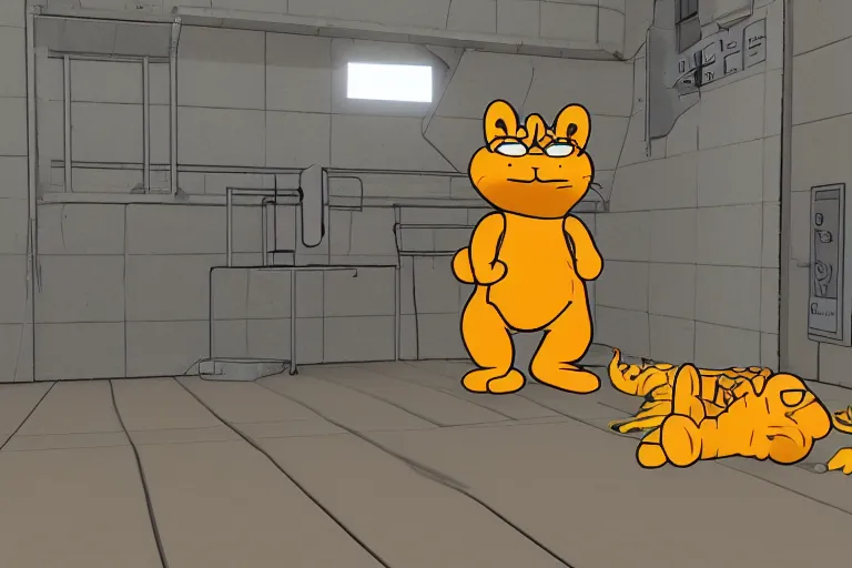 Image similar to garfield in SCP containment cell