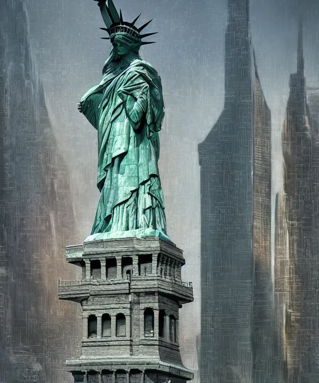 Image similar to highly detailed digital matte painting of a Lady Liberty statue taken back by nature Full shot. By Raphael LaCoste and Ruan Jia and Robert McCall, postcyberpunk, geodesic dome, hyperdetailed, sunrise, wide shot, autochrome, octane render