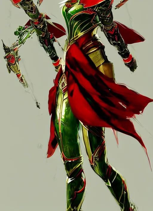 Image similar to Full body portrait of a beautiful young blonde short haired elven princess wearing red, green and gold armour robe. In style of Yoji Shinkawa and Hyung-tae Kim, trending on ArtStation, dark fantasy, great composition, concept art, highly detailed.