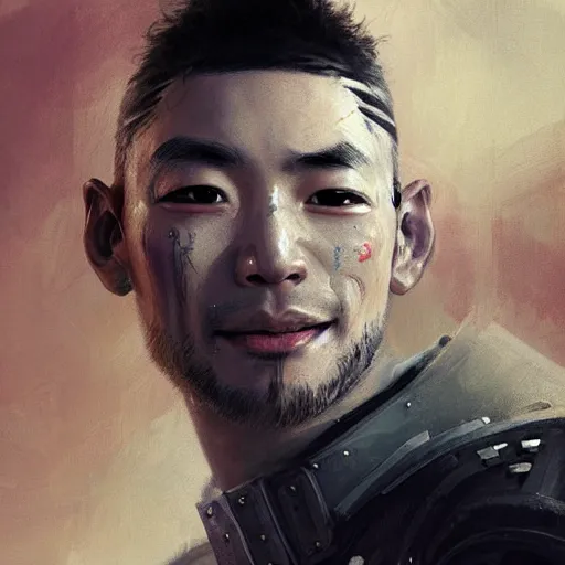 Image similar to a space ship crew member, male, asian, stubble, scars, tired smirk, sci fi character portrait by Ruan Jia and Mandy Jurgens