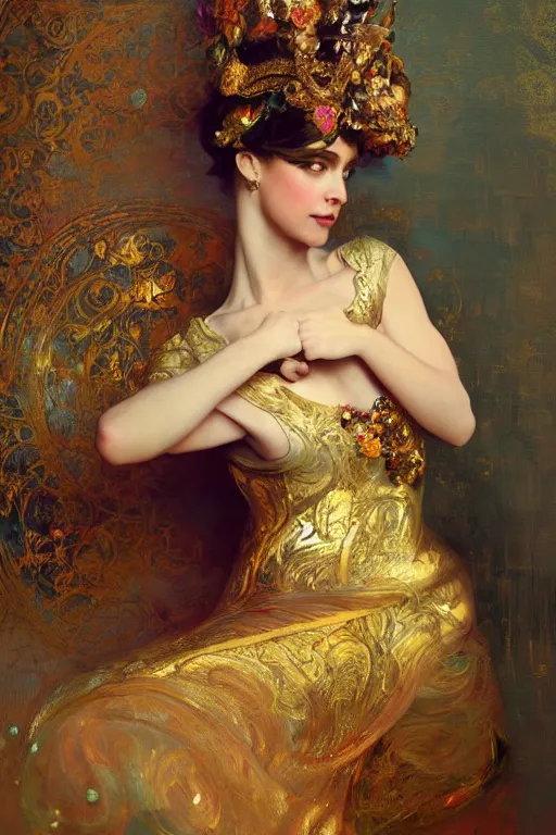 Image similar to an intricate artistic pose painting of a beautiful young victorian lady with an artistic pose, hyper detailed, ornamental gold headpiece, octane render, vivid colors, artstation, by jeremy mann, by alphonse mucha, by boris vallejo