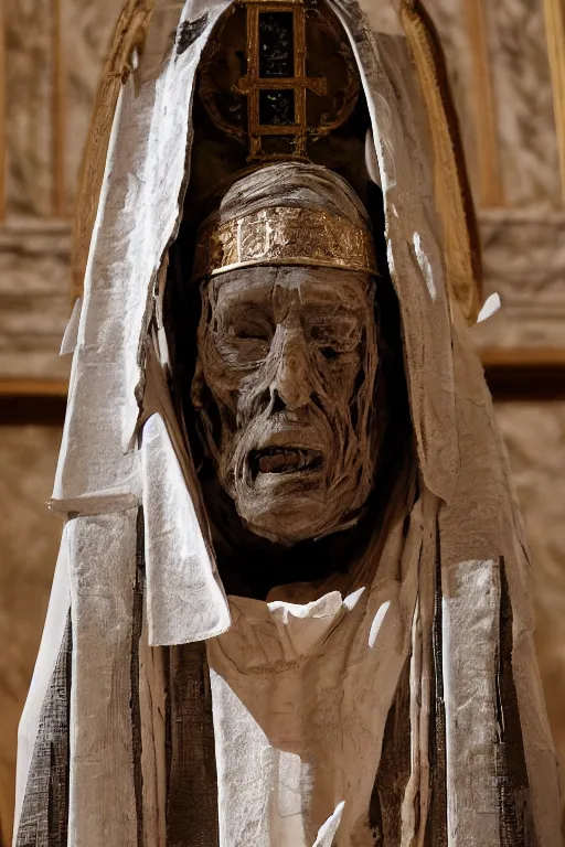 Image similar to mummified pope in his throne at the vatican, desiccated, close - up portrait, tall pontiff hat, mitre, dark, moody, ornate, hyper realistic, sharp focus, highly detailed