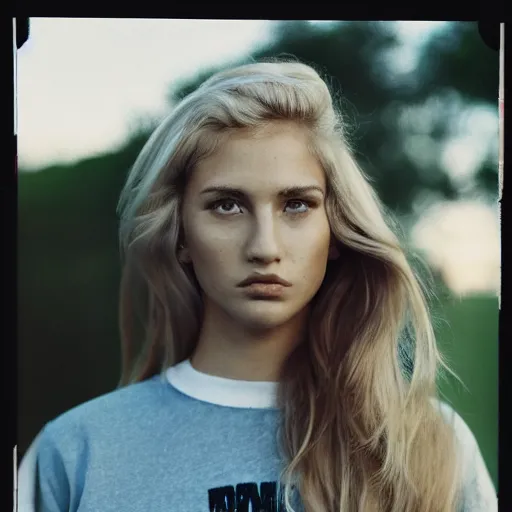 Image similar to realistic photoshooting for a new nike lookbook, color film photography, portrait of a beautiful blonde woman, in style of Davey Adesida, 35mm, film photo