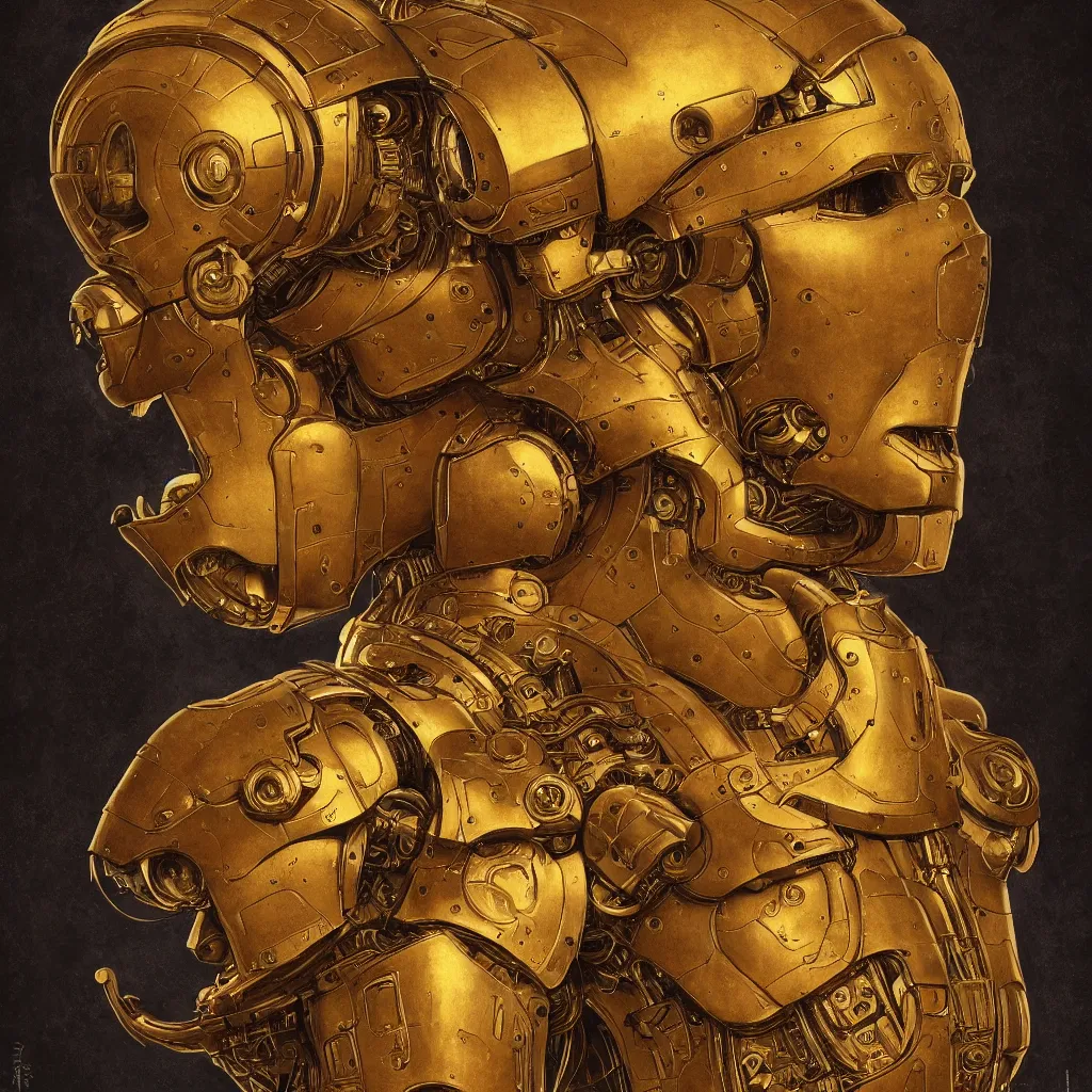 Prompt: cinematic bust portrait of futuristic god robot, head and chest only, part by Norman Rockwell, part by maxfield parrish, part by Mattias Adolfsson part by Moebious, high angle, intricate, detailed, volumetric lighting, oil on canvas, HD, HDR, 4K, 8K , nice colors, hyper-realistic