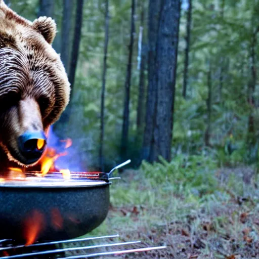 Image similar to film still of bear grylls in a bear costume cooking a grill