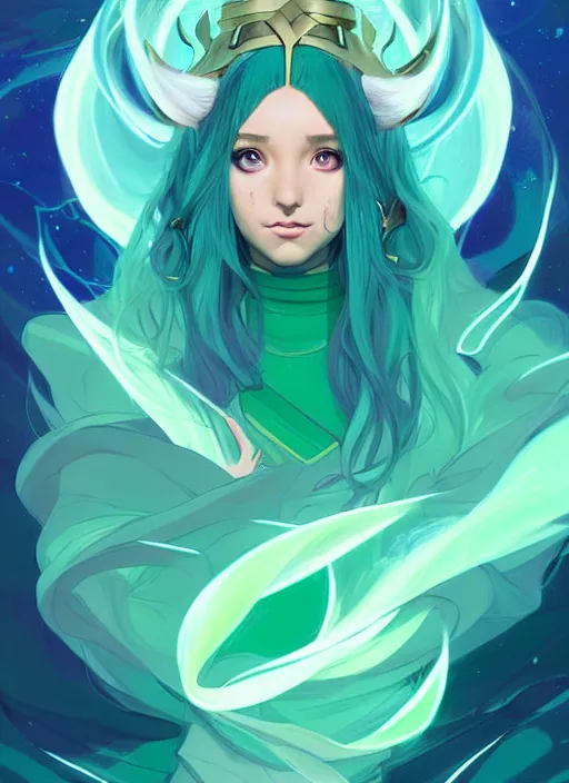 Image similar to style artgerm, joshua middleton, illustration, ariana grande as a high priestess wearing green pelt light armor, anime eyes, blue hair, swirling water cosmos, fantasy, dnd, cinematic lighting