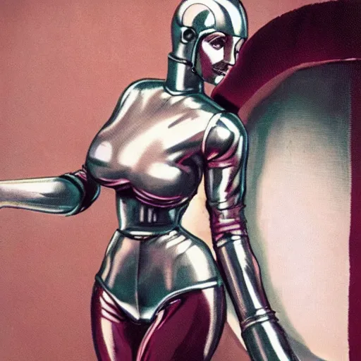 Prompt: boudoir, shiny chrome robot woman holding a blanket against herself, beautiful robot automaton