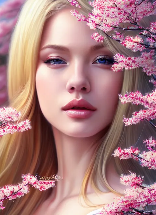 Image similar to photo of a gorgeous blonde female in the style of stefan kostic, realistic, half body shot, sharp focus, 8 k high definition, insanely detailed, intricate, elegant, art by stanley lau and artgerm, extreme blur cherry blossoms background