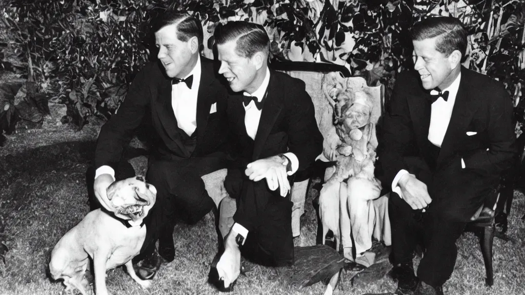 Image similar to cthulhu in a tuxedo in a vintage color kodak photograph, socializing with jfk at a fundraising in a private garden