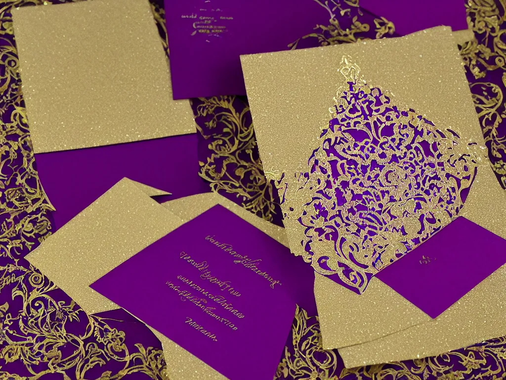 Image similar to Rich purple paper with delicate gold embossed borders, a card that is an invitation to a masquerade ball, intricate, beautiful, opulent