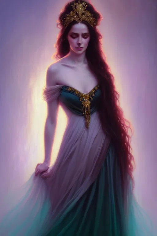 Image similar to beautiful portrait oil painting, ombre velvet gown, beautiful elegant dryad, portrait, dramatic light on face, long hair, tiara, dozens of jeweled necklaces, by greg rutkowski, brom, anato finnstark, alphonse mucha, oil painting, highly detailed, cinematic lighting, unreal,