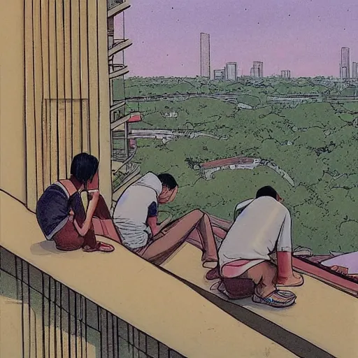 Image similar to art of two singapore students on the roof of a hdb flat, watching the neighbourhood, by moebius