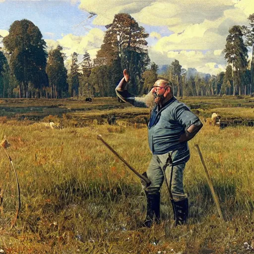 Prompt: Gary Gygax in earflaps stands in the middle of the field, Rye (Shishkin), painting by Ivan Shishkin, painting by Ivan Shishkin, painting by Valentin Serov, oil painting