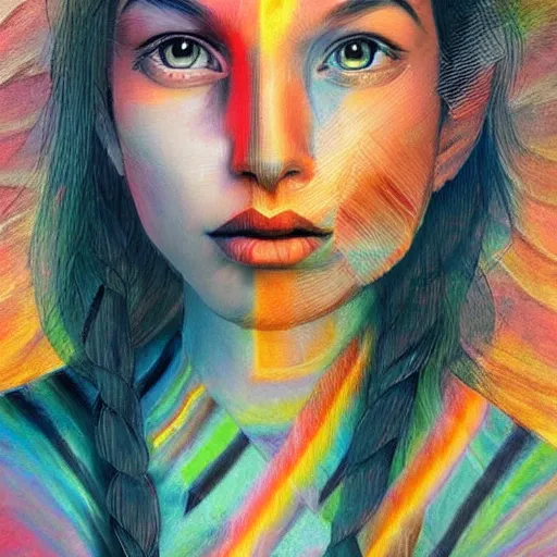 Image similar to beautiful detailed artistic portrait of a person travelling between different astral planes. reality is more interesting than you think. stripes if light. grainy and rough. fine detail. soft colour scheme. artistic detailed painting by lurid ( 2 0 2 2 ). featured on deviantart.