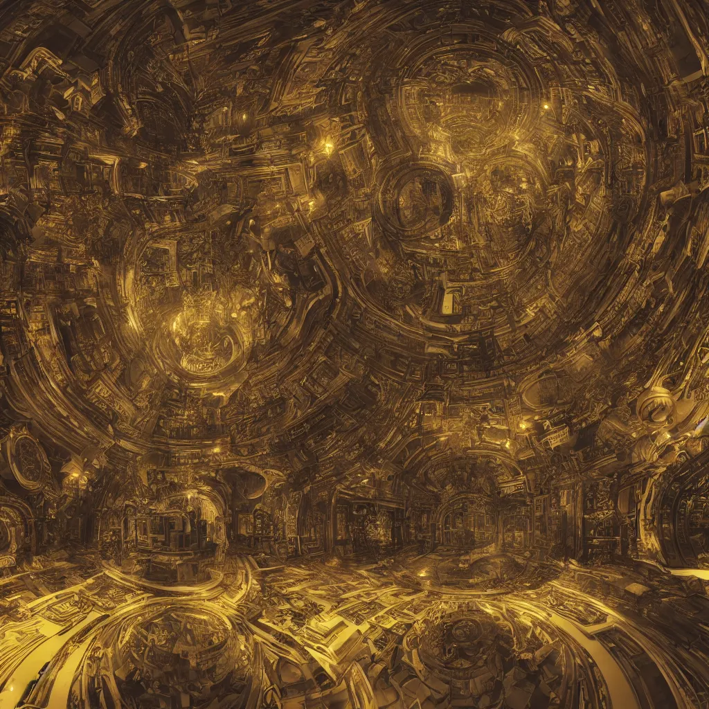 Image similar to “ a panoramic depth map of a digital neo baroque building that serves a temple for artificial intelligence gods in a sphere in the center that is glowing with gold, a human reaches out to touch it, detailed in 4 k ”