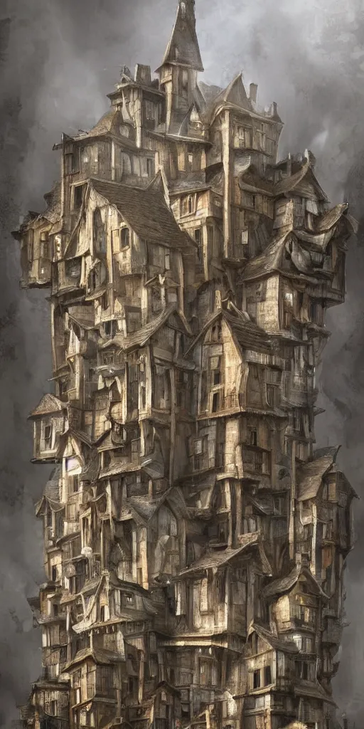 Prompt: an infinite amount of medieval houses stacked on each other, creating a thin monolith, concept art, very very very very tall, trending on deviantart, movie still, award wining photograph