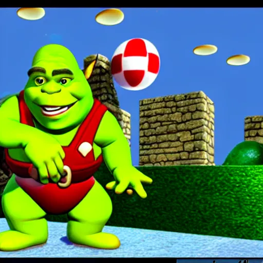 Prompt: shrek as a character in super mario 6 4