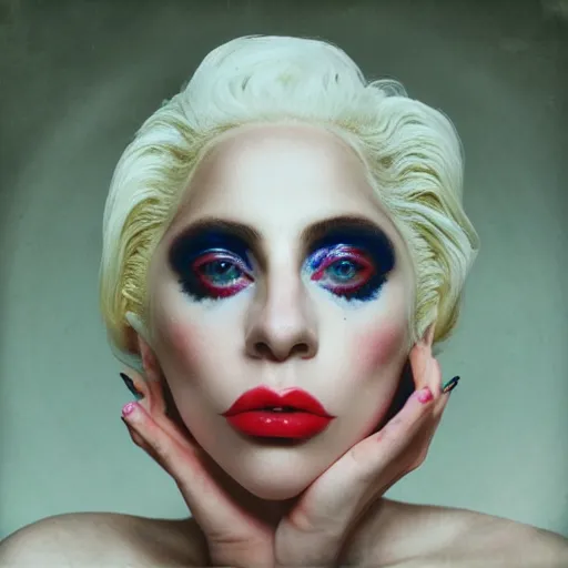 Image similar to realistic expired kodak film portrait of albino lady gaga mix, hyperrealism, hypermaximalism, photorealistic, detailed, atmospheric, 8 k, award winning photography, cinematic