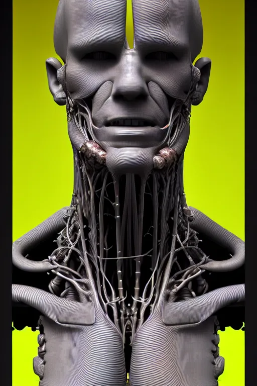 Image similar to 3D render of a rugged profile face portrait of a male cyborg, 150 mm, capacitors, Mandelbrot fractal, anatomical, flesh, facial muscles, neon wires, microchip, veins, arteries, full frame, microscopic, elegant, highly detailed, flesh ornate, elegant, high fashion, rim light, octane render in the style of H.R. Giger and Bouguereau