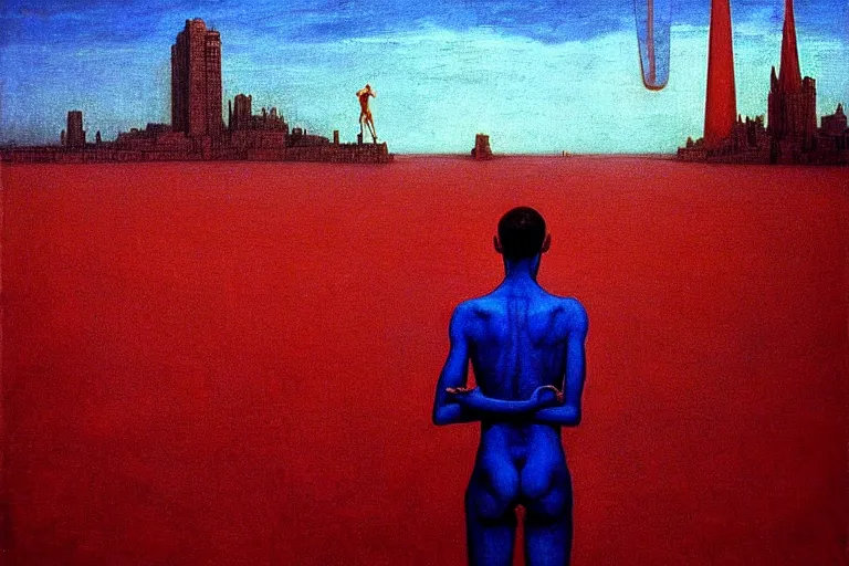 Image similar to only with blue, a man in love during birth, a red great dane, in hoc signo vinces, nyc in background, an ancient path, in the style of beksinski, part by hopper, part by rodcenko, part by hofbauer, intricate composition, blue by caravaggio, insanely quality, highly detailed, masterpiece, red light, artstation