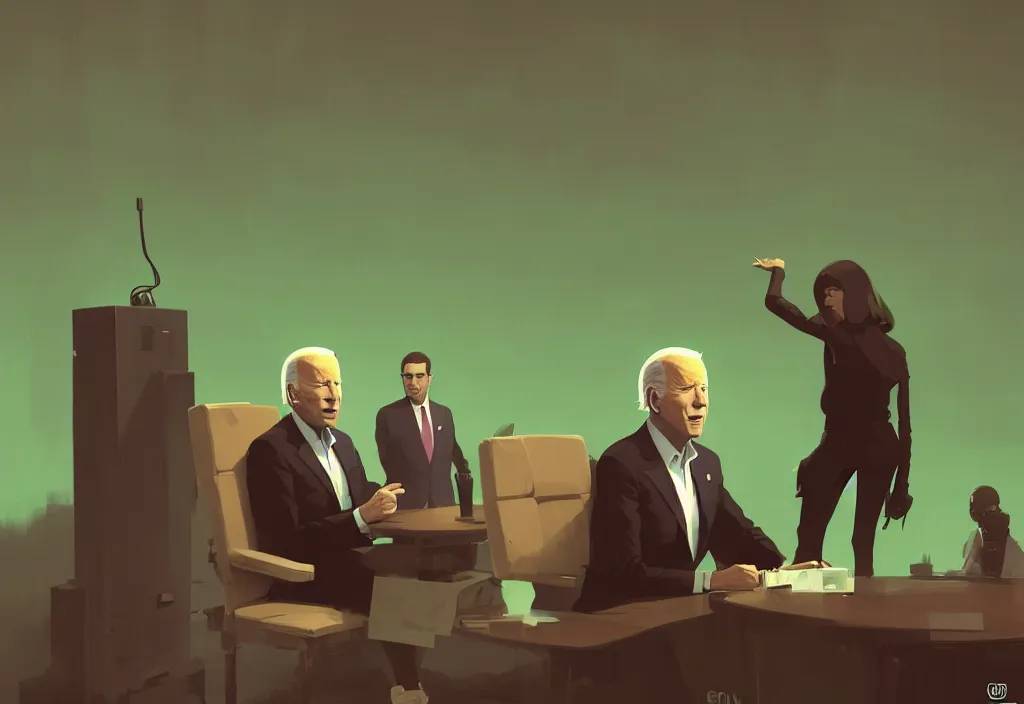 Prompt: joe biden in the democratic party headquarters, epic debates, presidental elections candidates, cnn, fox news, fantasy, by atey ghailan, by greg rutkowski, by greg tocchini, by james gilleard, by joe gb fenton, dynamic lighting, gradient light green, brown, blonde cream, salad and white colors in scheme, grunge aesthetic