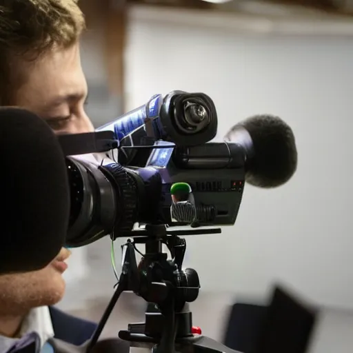 Image similar to high quality portait of a small self righteous journalist in a low budget tv studio, awkward angle,