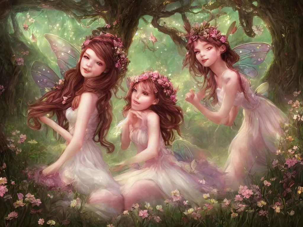 Image similar to two cute fairy in the dreamy forest, fantasy, dreamlike, 8 k resolution, hyper detailed, d & d, character design, digital painting, trending on artstation, sharp focus, illustration, art by artgerm, viktoria gavrilenko, hoang lap, fuji choko, steve zheng