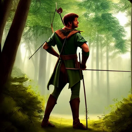 Prompt: Robin Hood with long bow in a forest, 4k, artstation, cgsociety, award-winning, masterpiece, stunning, beautiful, glorious, powerful, fantasy art